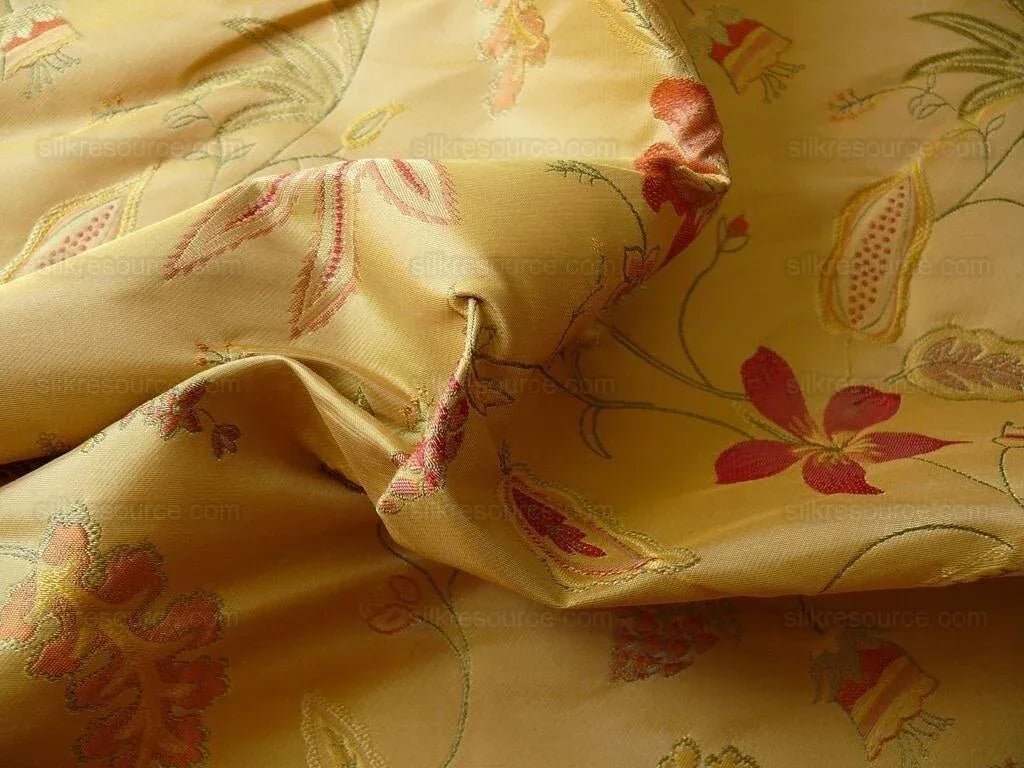 Heavy100%silk Lampas Myth Garden Pink Rose On Yellow Bty Sku97