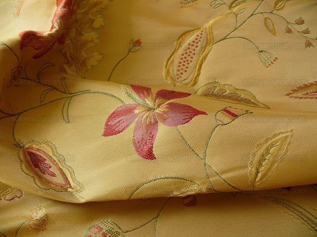 Heavy100%silk Lampas Myth Garden Pink Rose On Yellow Bty Sku97