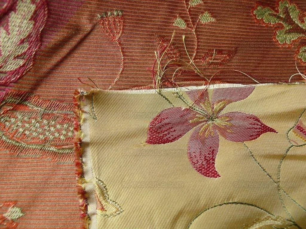 Heavy100%silk Lampas Myth Garden Pink Rose On Yellow Bty Sku97