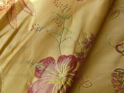 Heavy100%silk Lampas Myth Garden Pink Rose On Yellow Bty Sku97
