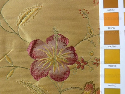 Heavy100%silk Lampas Myth Garden Pink Rose On Yellow Bty Sku97