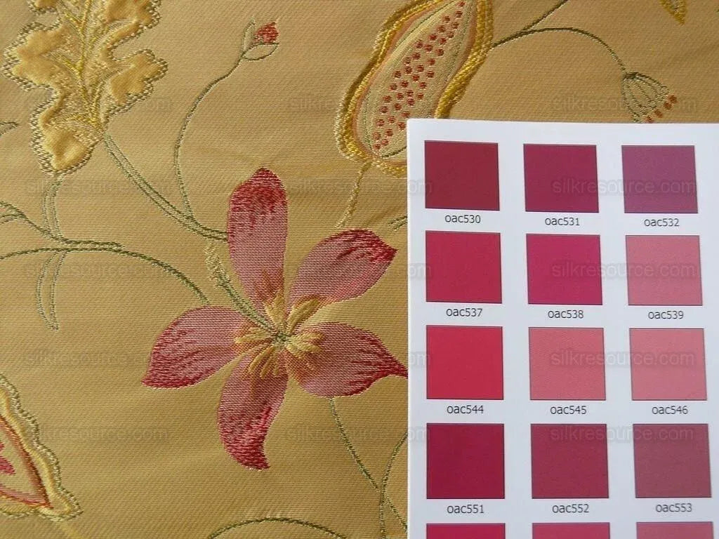 Heavy100%silk Lampas Myth Garden Pink Rose On Yellow Bty Sku97