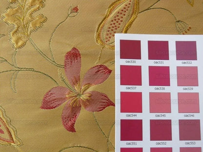 Heavy100%silk Lampas Myth Garden Pink Rose On Yellow Bty Sku97