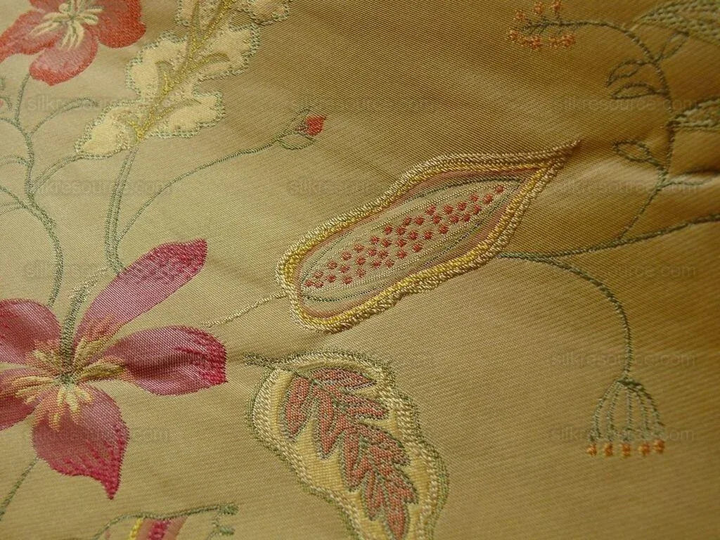 Heavy100%silk Lampas Myth Garden Pink Rose On Yellow Bty Sku97