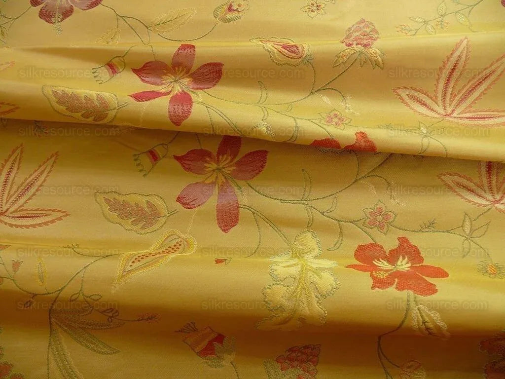 HEAVY100%SILK LAMPAS MYTH GARDEN PINK ROSE on YELLOW BTY SKU97