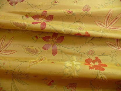 HEAVY100%SILK LAMPAS MYTH GARDEN PINK ROSE on YELLOW BTY SKU97