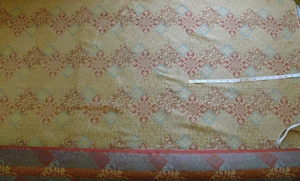 Kravet 100% Silk Lampas Asian Tile "Mesa" Red Gold Bty MSRP USD 216/Y