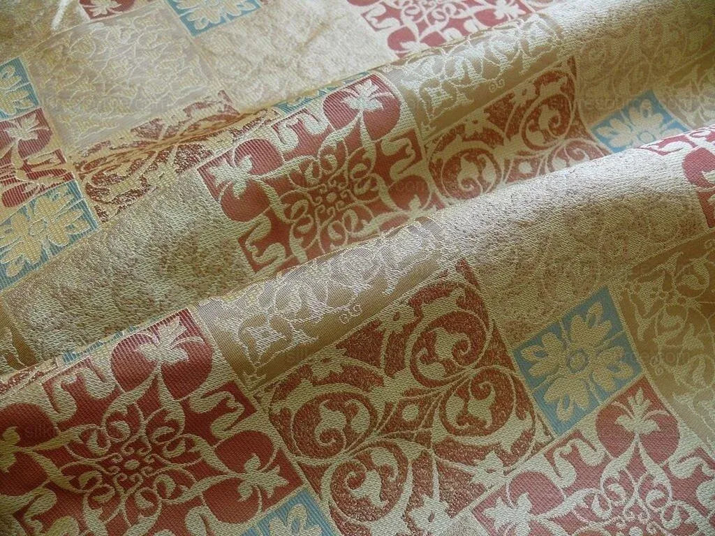 Kravet 100% Silk Lampas Asian Tile "Mesa" Red Gold Bty MSRP USD 216/Y