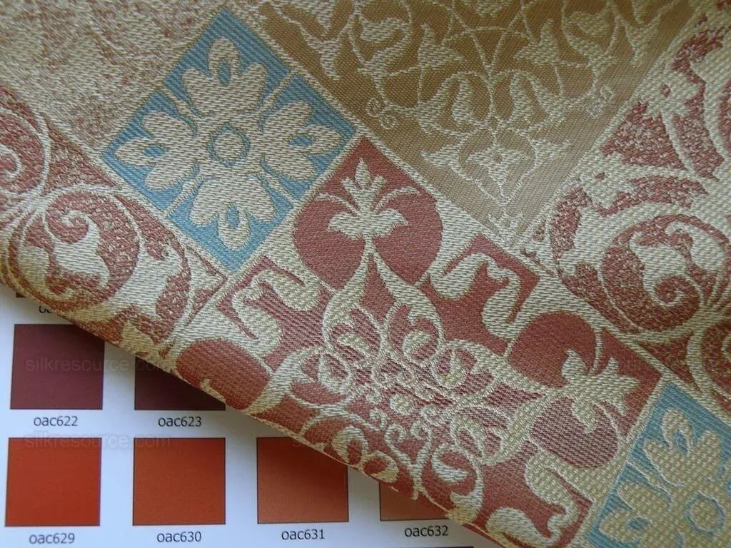 Kravet 100% Silk Lampas Asian Tile "Mesa" Red Gold Bty MSRP USD 216/Y