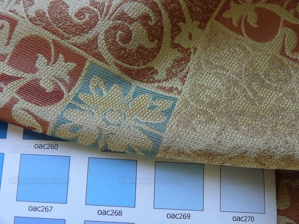 Kravet 100% Silk Lampas Asian Tile "Mesa" Red Gold Bty MSRP USD 216/Y