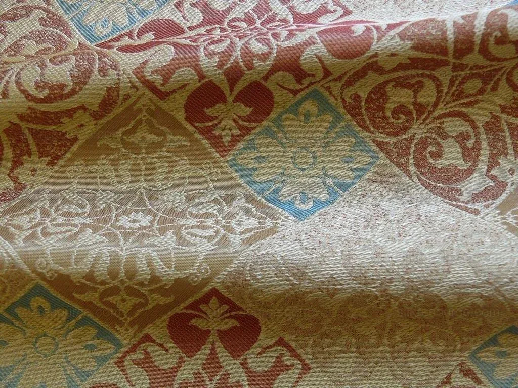 Kravet 100% Silk Lampas Asian Tile "Mesa" Red Gold Bty MSRP USD 216/Y