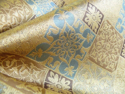 by yard Kravet 100% Silk Lampas Asian Tile "whiskey"blue Gold  MSRP USD216/y