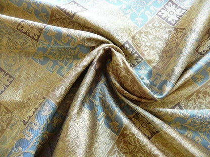 by yard Kravet 100% Silk Lampas Asian Tile "whiskey"blue Gold  MSRP USD216/y