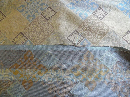 by yard Kravet 100% Silk Lampas Asian Tile "whiskey"blue Gold  MSRP USD216/y