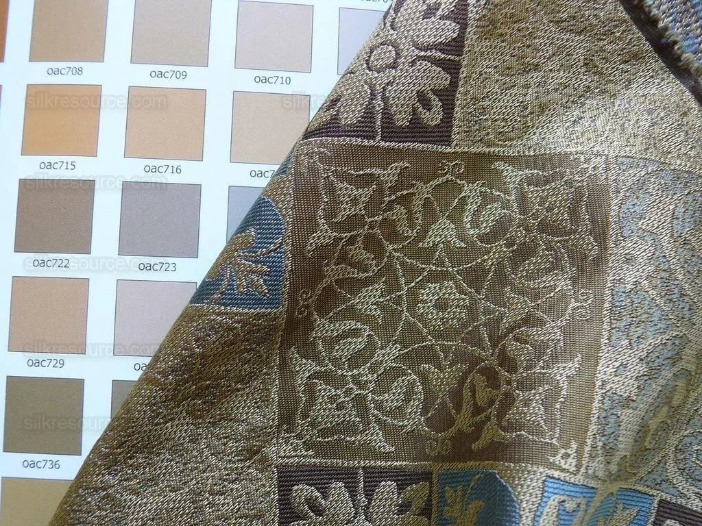 by yard Kravet 100% Silk Lampas Asian Tile "whiskey"blue Gold  MSRP USD216/y