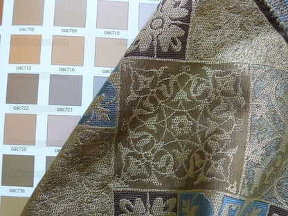 by yard Kravet 100% Silk Lampas Asian Tile "whiskey"blue Gold  MSRP USD216/y