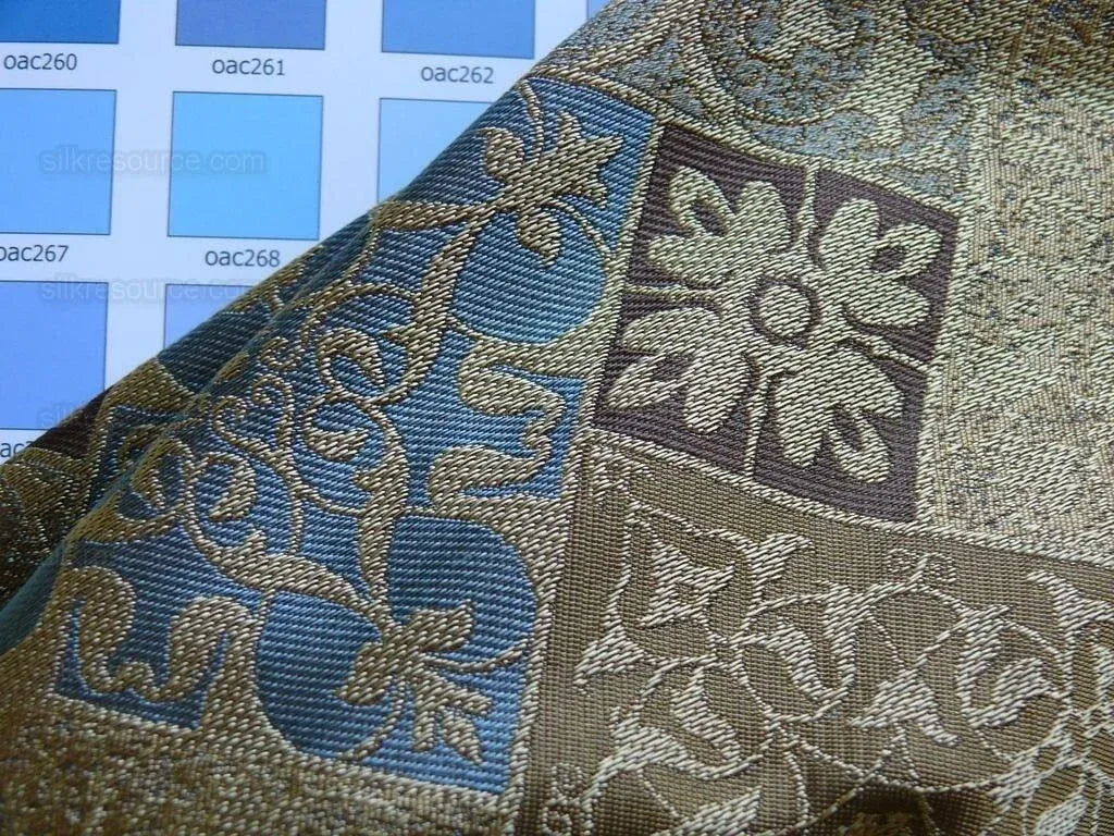 by yard Kravet 100% Silk Lampas Asian Tile "whiskey"blue Gold  MSRP USD216/y