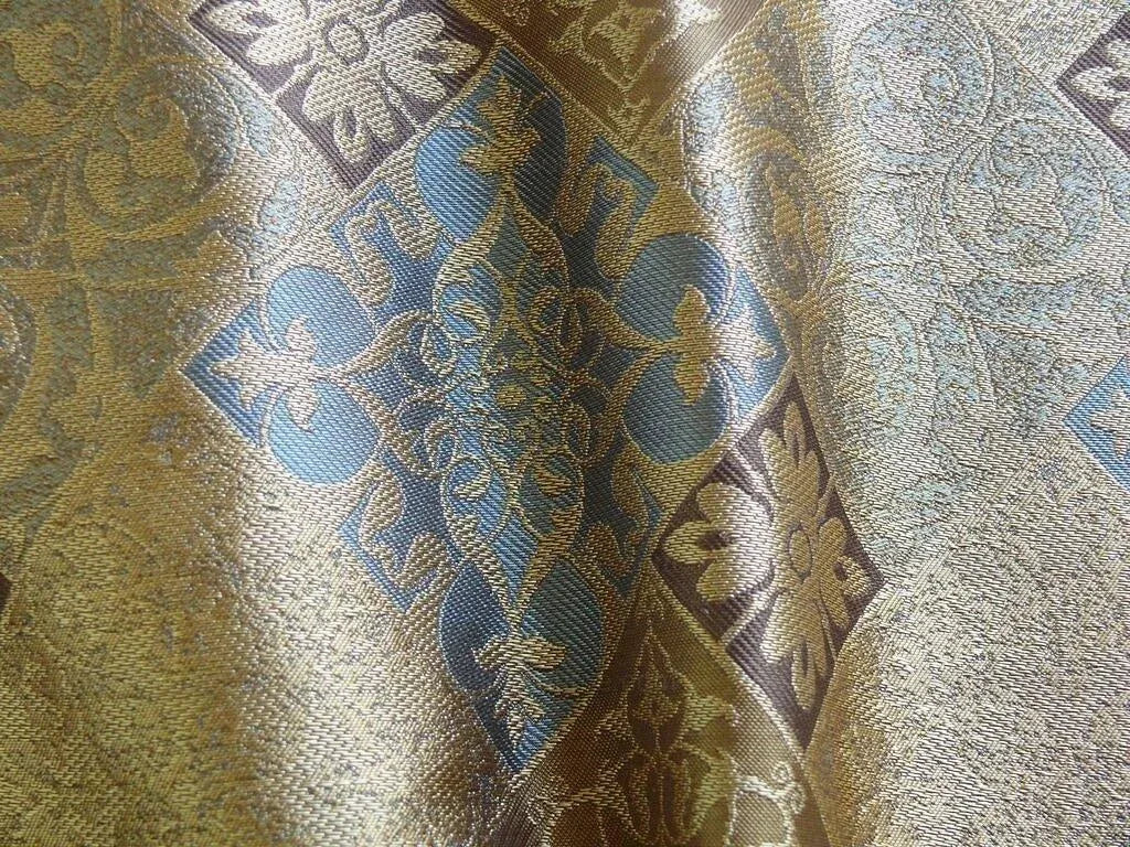 by yard Kravet 100% Silk Lampas Asian Tile "whiskey"blue Gold  MSRP USD216/y