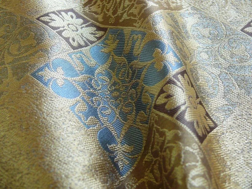 by yard Kravet 100% Silk Lampas Asian Tile "whiskey"blue Gold  MSRP USD216/y
