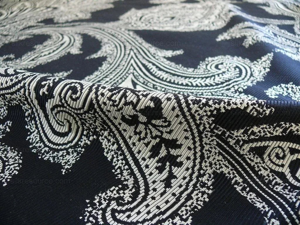 Maxwell Fabrics / Scalamandre "Bon Vivant" Silk Ottoman Paisley In Platinum Black White MSRP USD 319
