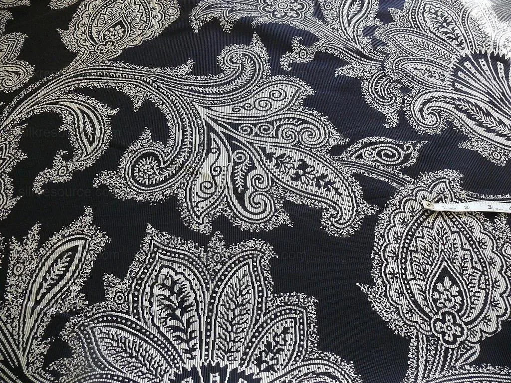 Maxwell Fabrics / Scalamandre "Bon Vivant" Silk Ottoman Paisley In Platinum Black White MSRP USD 319