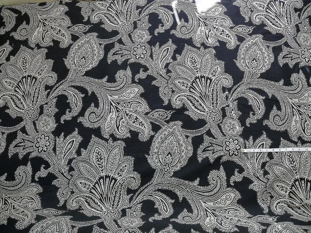 Maxwell Fabrics / Scalamandre "Bon Vivant" Silk Ottoman Paisley In Platinum Black White MSRP USD 319