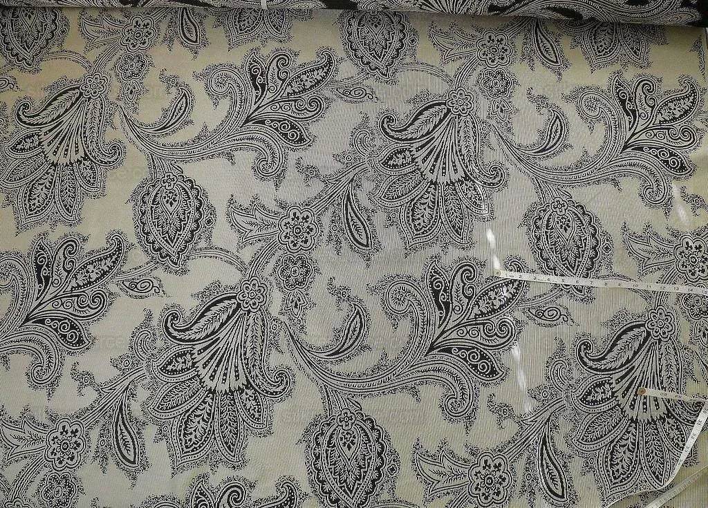 Maxwell Fabrics / Scalamandre "Bon Vivant" Silk Ottoman Paisley In Platinum Black White MSRP USD 319
