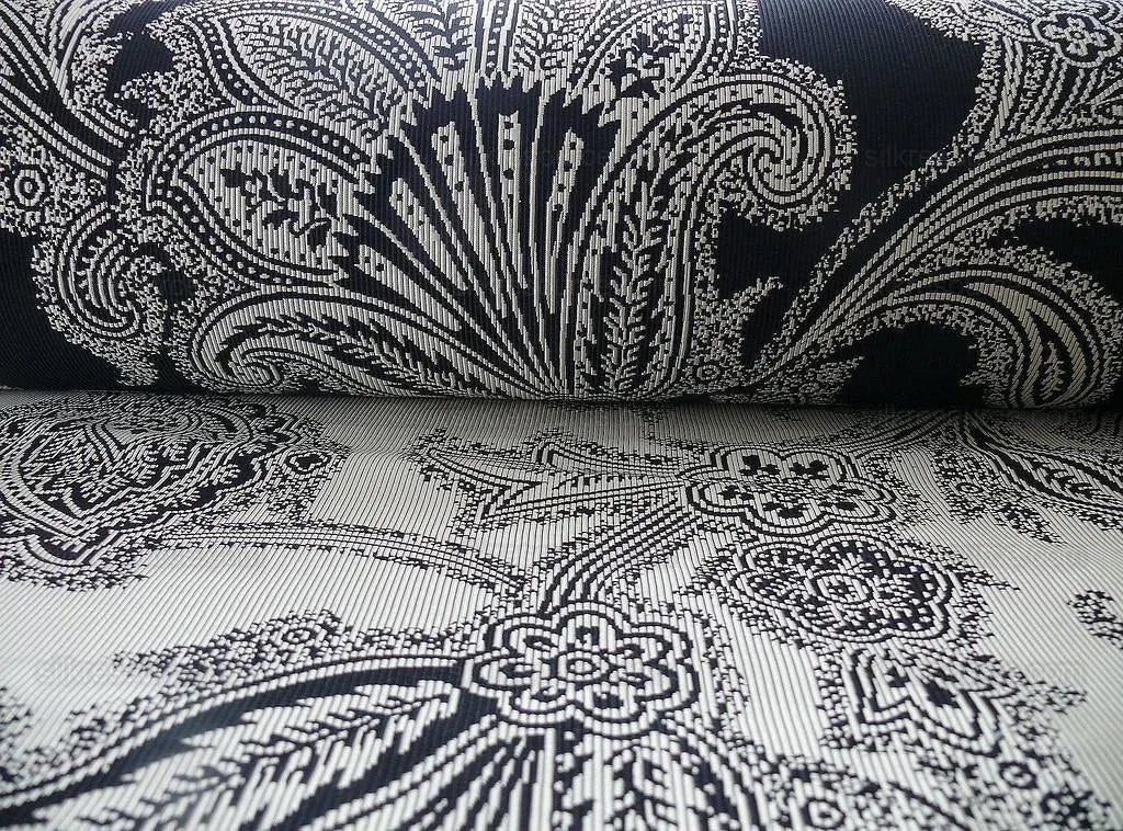 Maxwell Fabrics / Scalamandre "Bon Vivant" Silk Ottoman Paisley In Platinum Black White MSRP USD 319