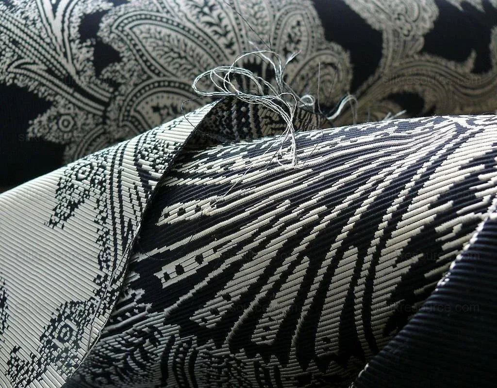 Maxwell Fabrics / Scalamandre "Bon Vivant" Silk Ottoman Paisley In Platinum Black White MSRP USD 319