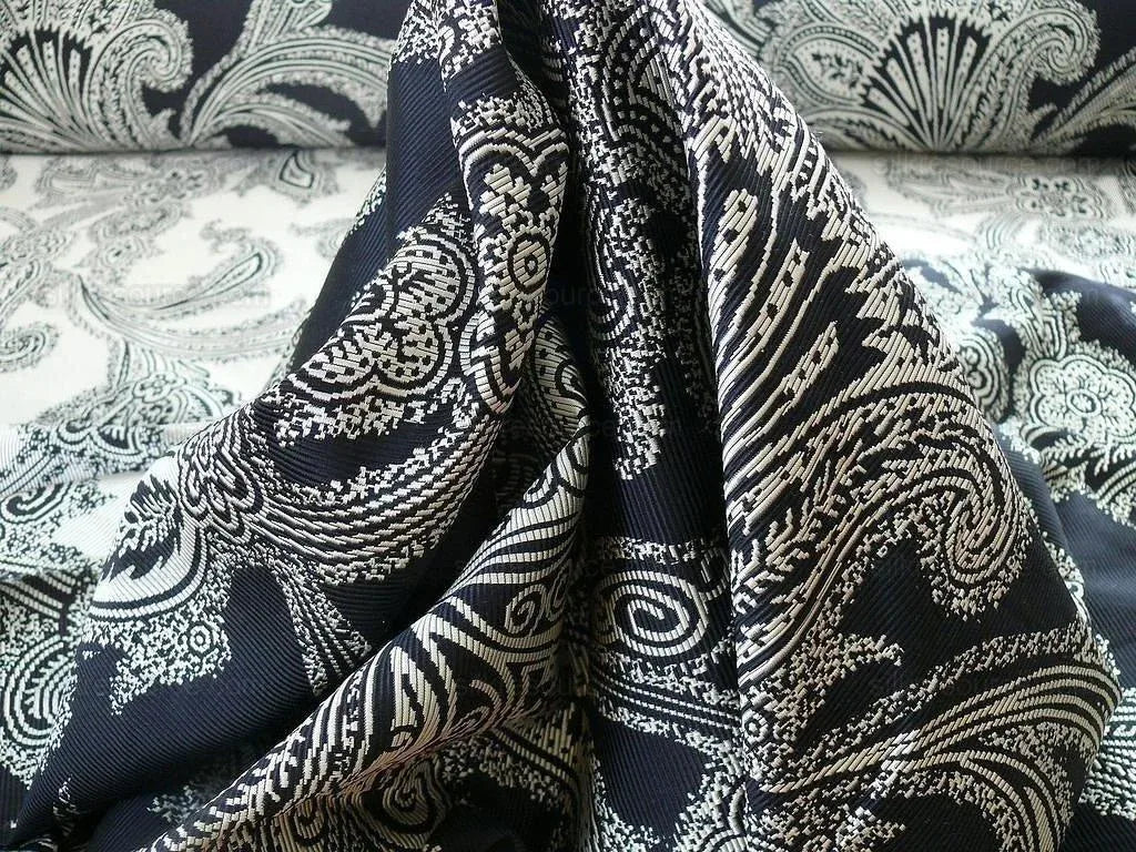 Maxwell Fabrics / Scalamandre "Bon Vivant" Silk Ottoman Paisley In Platinum Black White MSRP USD 319