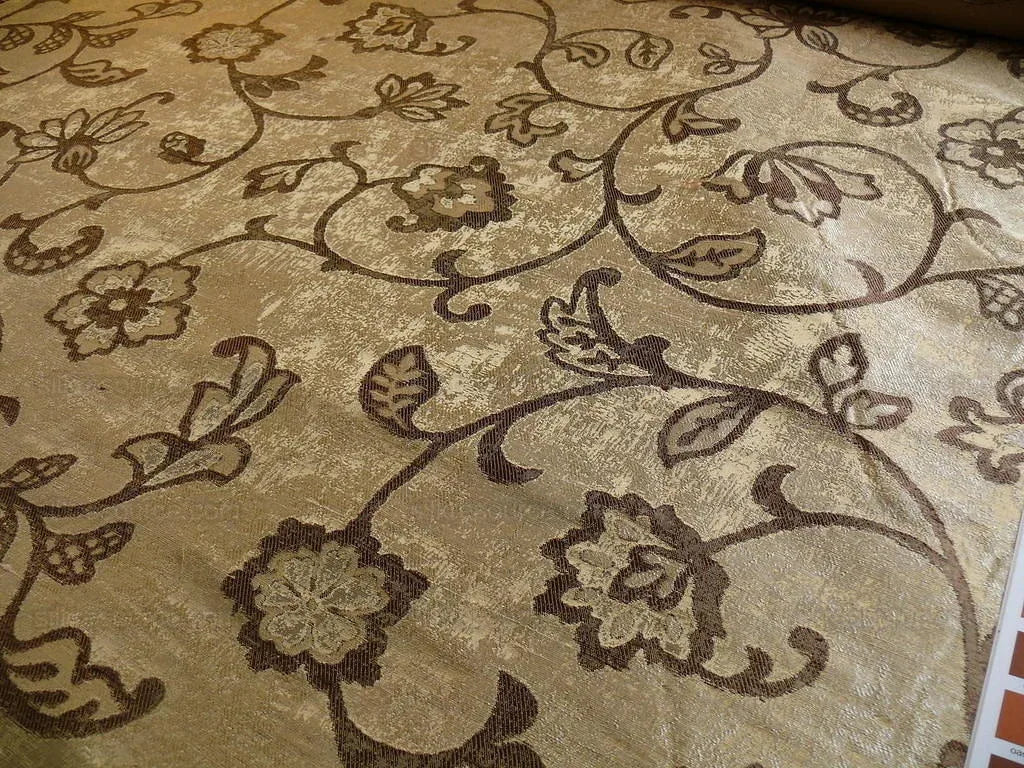 100% SILK LAMPAS AGED METAL CREWEL FLOWER "HEMP" KHAKI