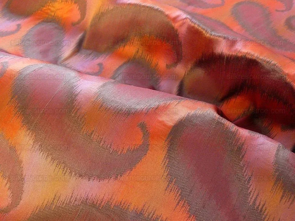 100% SILK JACQUARD HAZY PAISLEY IKAT "MOROCCO" RED