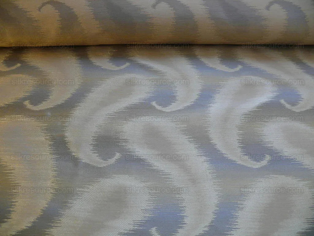 100% SILK JACQUARD HAZY PAISLEY IKAT "ALMOND" GRAY