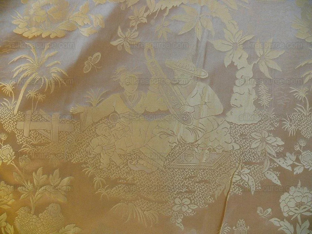 BTY 100% SILK DAMASK CHINOISERIE MUSIC GARDEN "SUNKISSED" GOLD