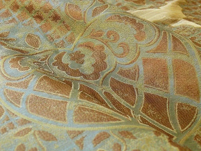 100% SILK LAMPAS AGED METAL LARGE MEDALLION "CELADON" TAN