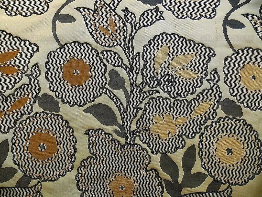 100% SILK LAMPAS LARGE ART DECO FLOWER VINE "DECO" KHAKI