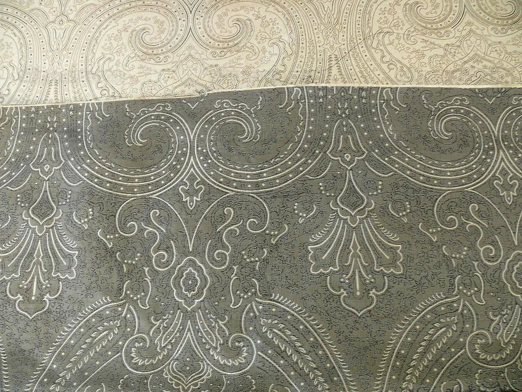 100% SILK FINE LINE DAMASK LAMPAS PAISLEY "CRYSTAL" BLACK
