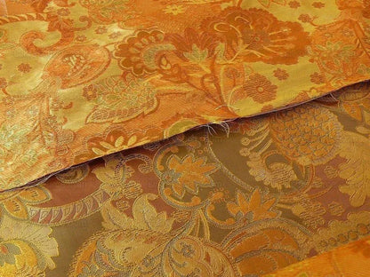 100% SILK LAMPAS ART DECO FLOWER PAISLEY "LODEN" BROWN