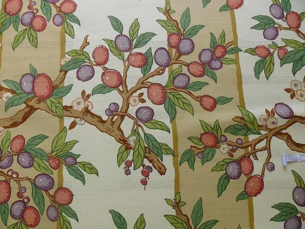 By Yard Brunschwig &amp; Fils "Kumquat Tree" Asian Mandarin Citrus Fruit Tree Pink Purple Green Gold Thick Linen! MSRP USD 305/yard