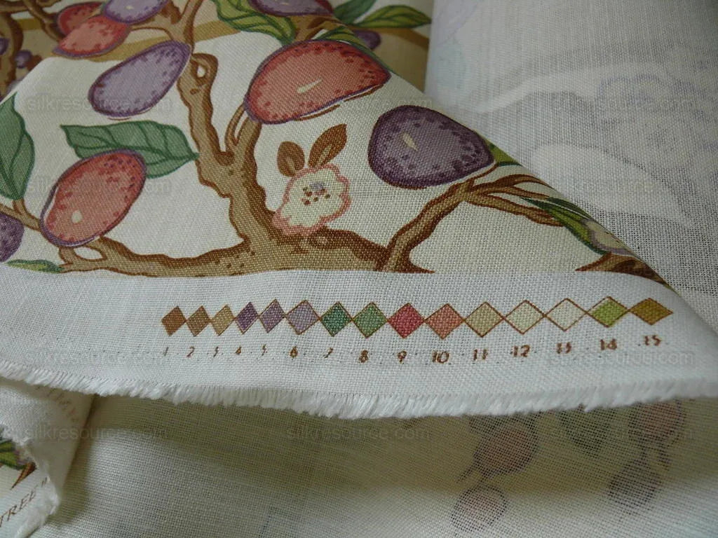 By Yard Brunschwig &amp; Fils "Kumquat Tree" Asian Mandarin Citrus Fruit Tree Pink Purple Green Gold Thick Linen! MSRP USD 305/yard