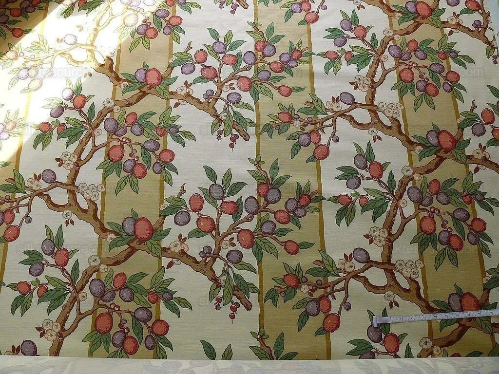 By Yard Brunschwig &amp; Fils "Kumquat Tree" Asian Mandarin Citrus Fruit Tree Pink Purple Green Gold Thick Linen! MSRP USD 305/yard