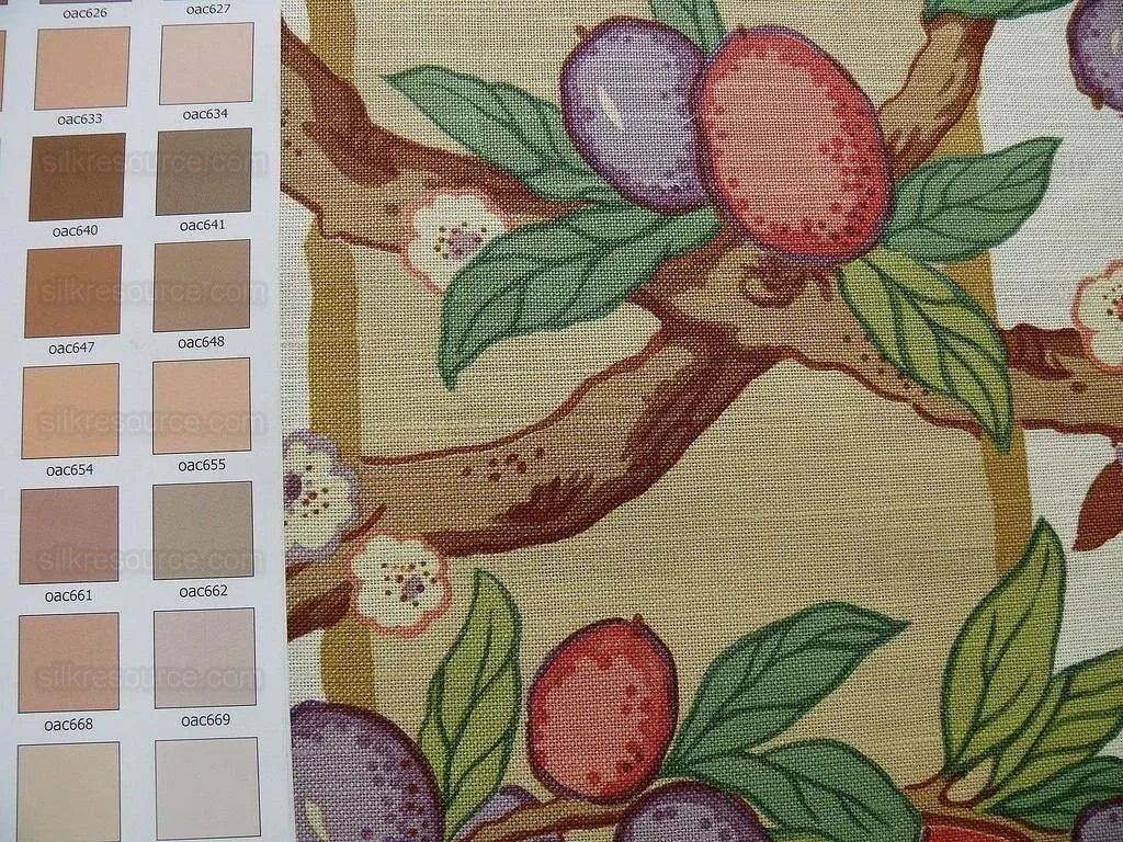 By Yard Brunschwig &amp; Fils "Kumquat Tree" Asian Mandarin Citrus Fruit Tree Pink Purple Green Gold Thick Linen! MSRP USD 305/yard