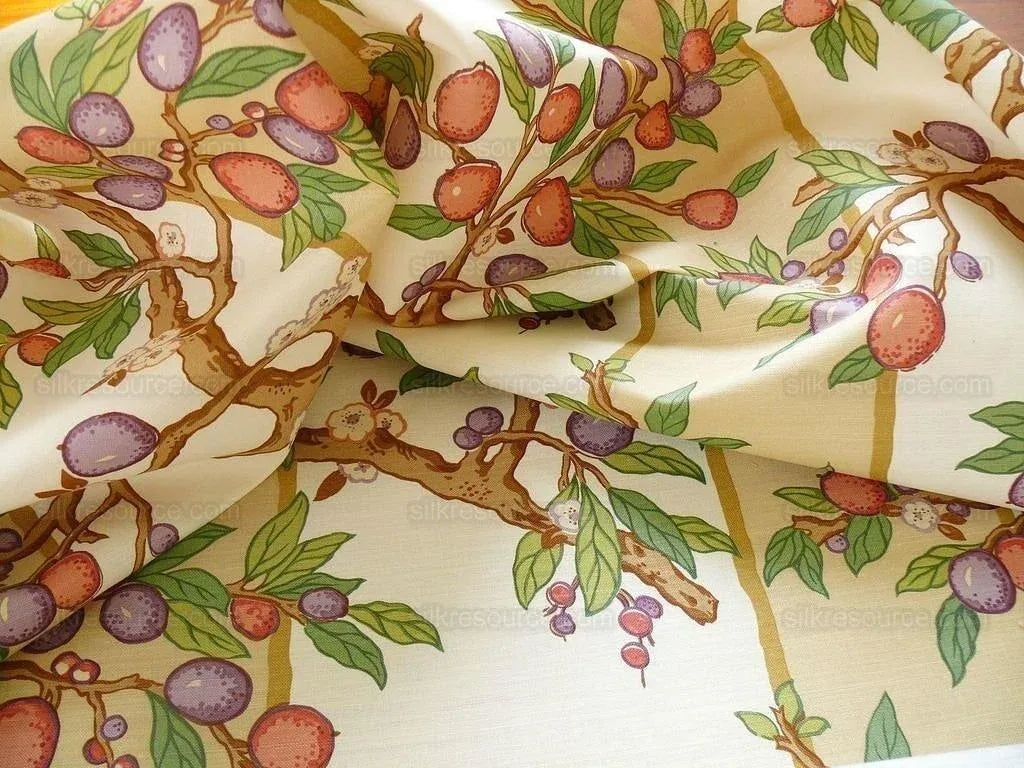 By Yard Brunschwig &amp; Fils "Kumquat Tree" Asian Mandarin Citrus Fruit Tree Pink Purple Green Gold Thick Linen! MSRP USD 305/yard