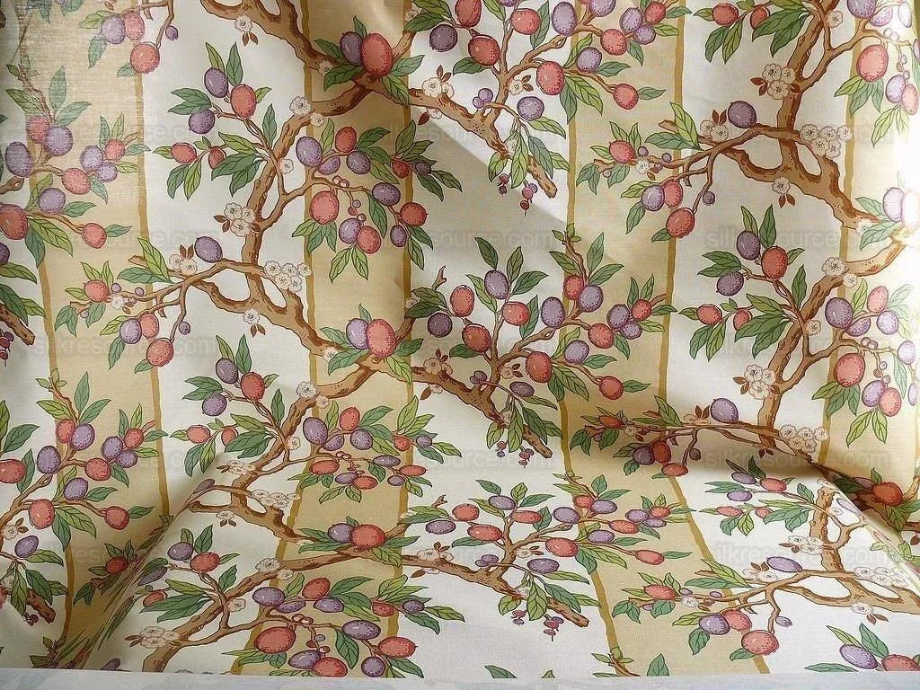 By Yard Brunschwig &amp; Fils "Kumquat Tree" Asian Mandarin Citrus Fruit Tree Pink Purple Green Gold Thick Linen! MSRP USD 305/yard