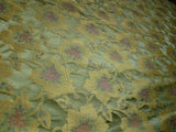 100% Silk Lampas Tri-leaf Flower "thyme" Green Gold Pink