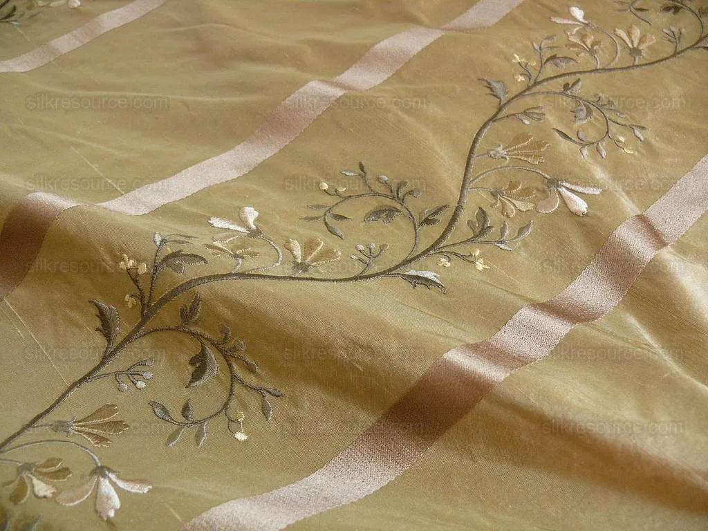 Kravet 100% Silk Embroidery Lily Stripe Gold Bronze White Flowers MSRP $200+/Y