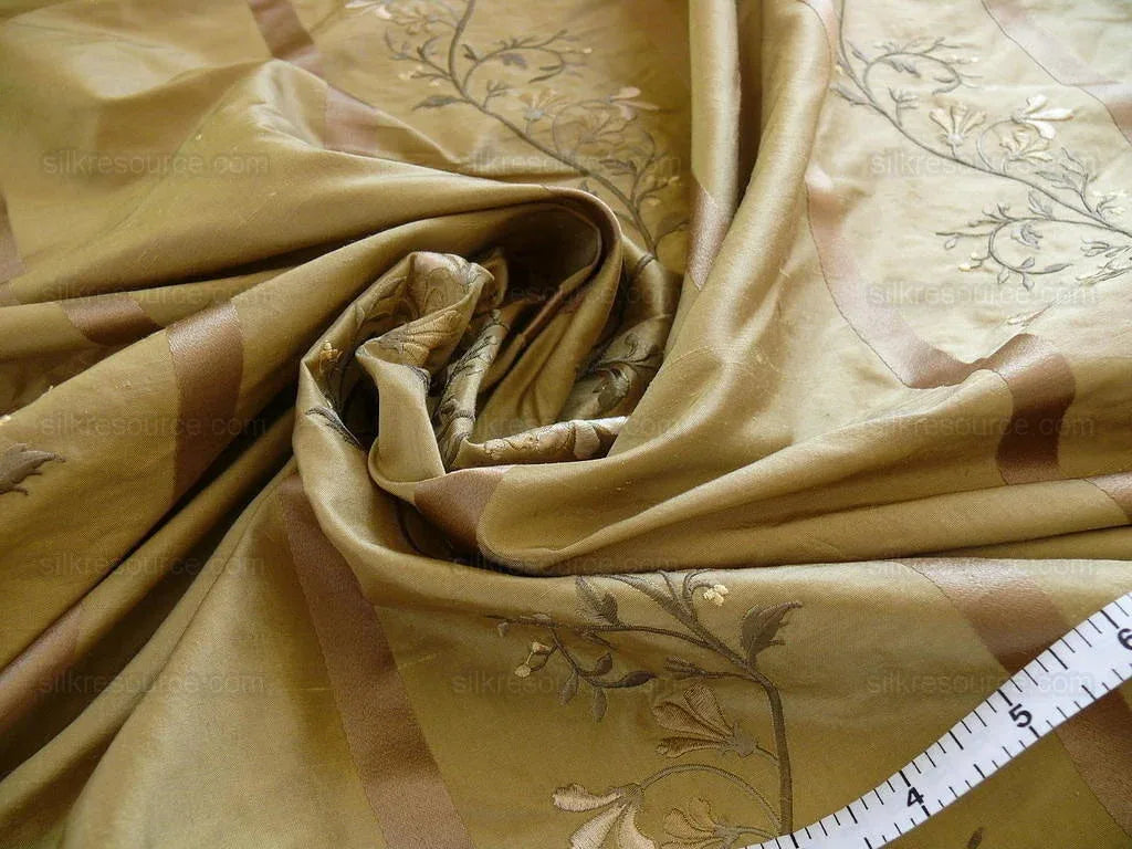Kravet 100% Silk Embroidery Lily Stripe Gold Bronze White Flowers MSRP $200+/Y
