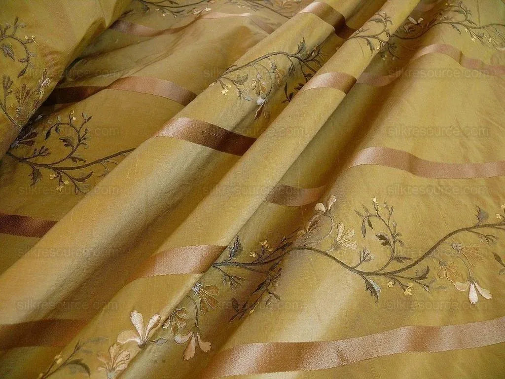 Kravet 100% Silk Embroidery Lily Stripe Gold Bronze White Flowers MSRP $200+/Y