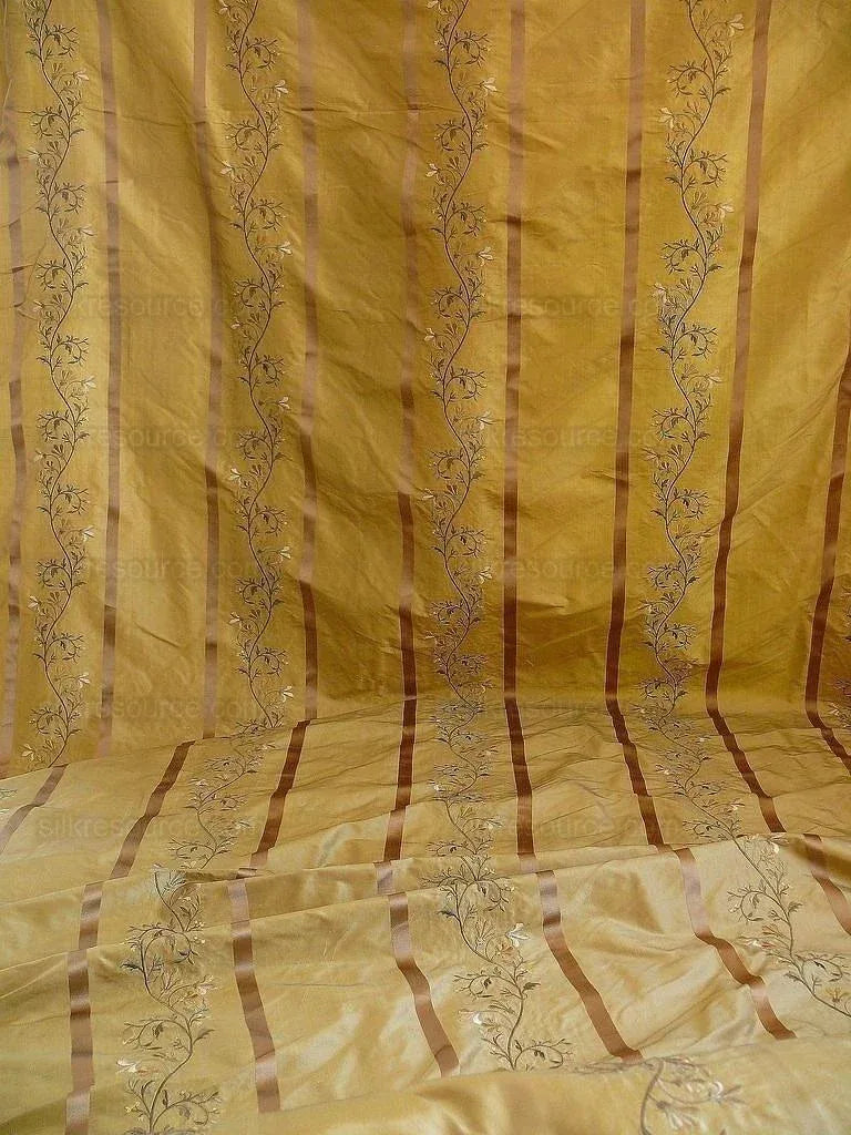 Kravet 100% Silk Embroidery Lily Stripe Gold Bronze White Flowers MSRP $200+/Y