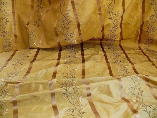 Kravet 100% Silk Embroidery Lily Stripe Gold Bronze White Flowers MSRP $200+/Y